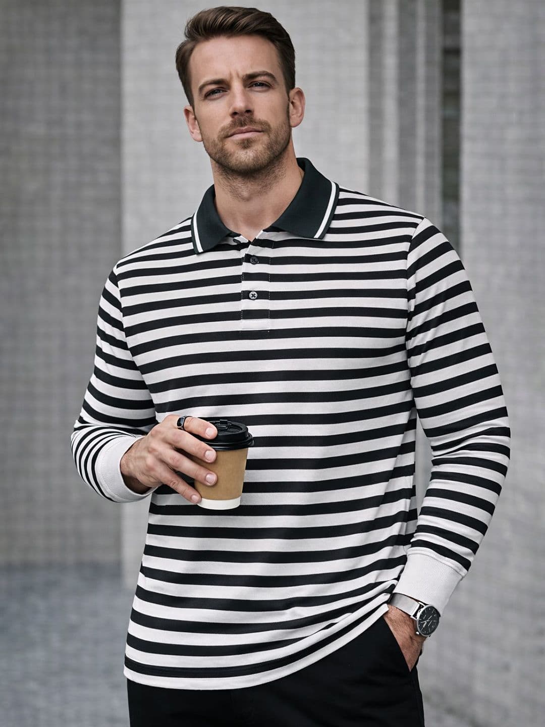 MACK JONNEY Men Striped Polo Collar T-shirt - view 1