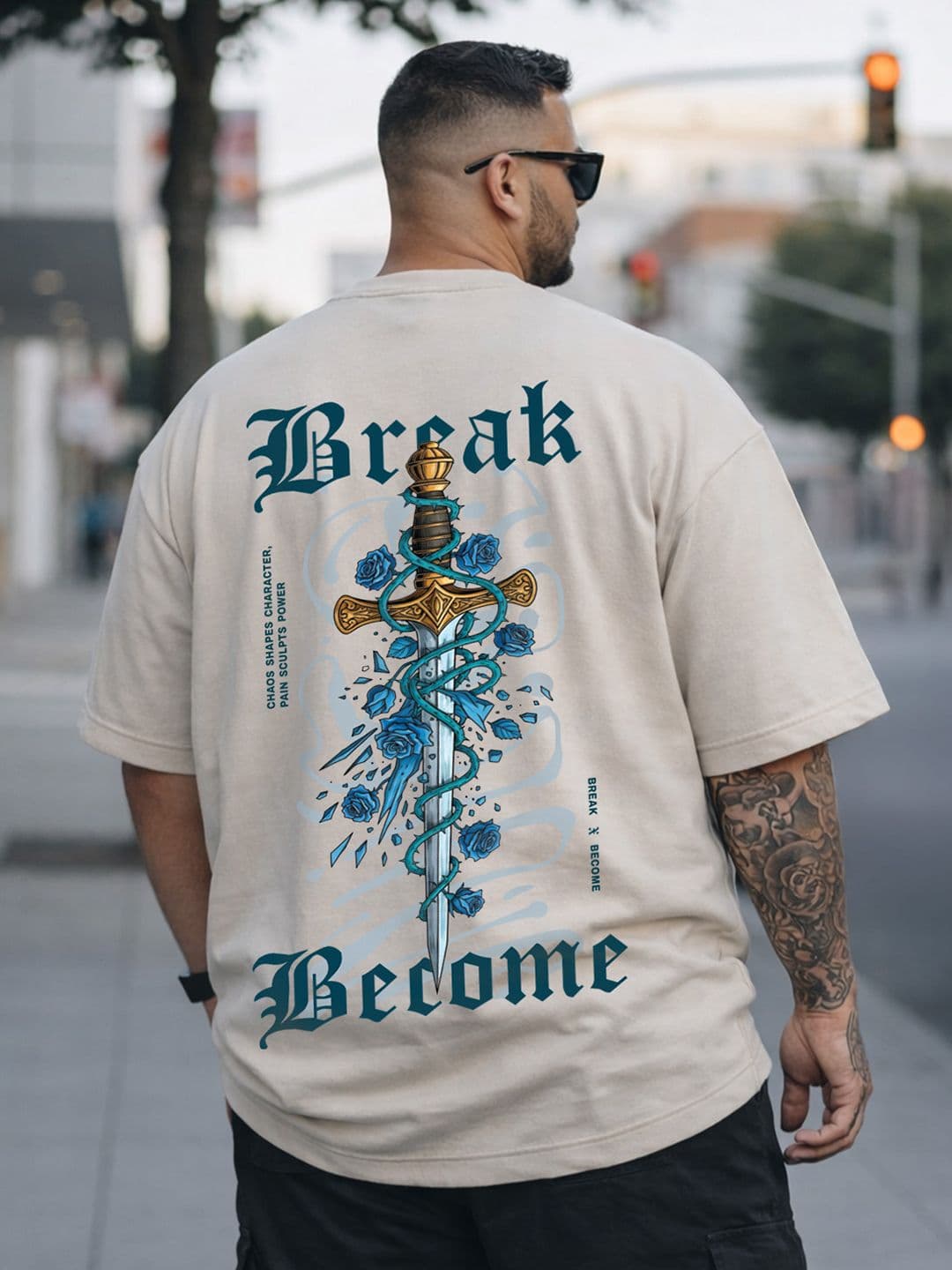 VEIRDO Men Beige Typography Printed Drop-Shoulder Sleeves Oversized Plus Size T-shirt - view 1