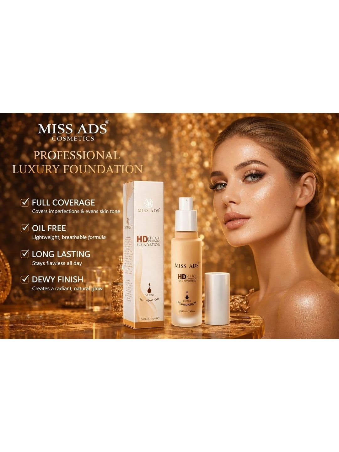 MISS ADS HD Full Coverage Oil Free Foundation - 40 ml - MAFC21 - view 1