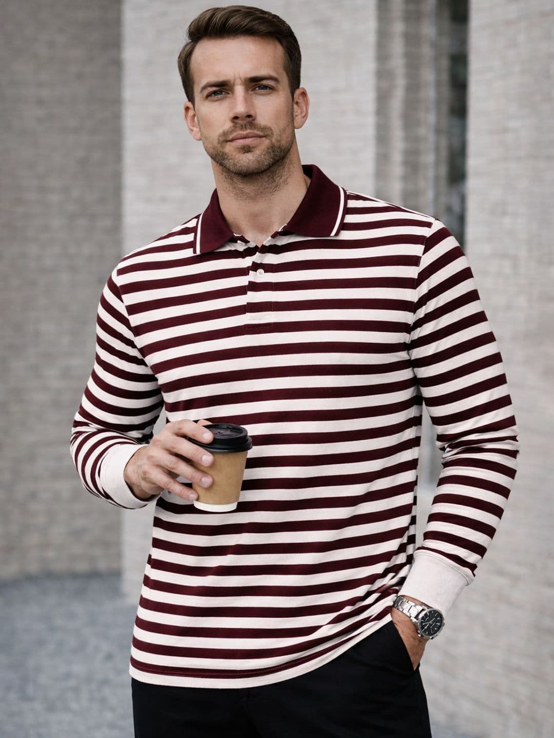 MACK JONNEY Men Striped Polo Collar T-shirt - view 1