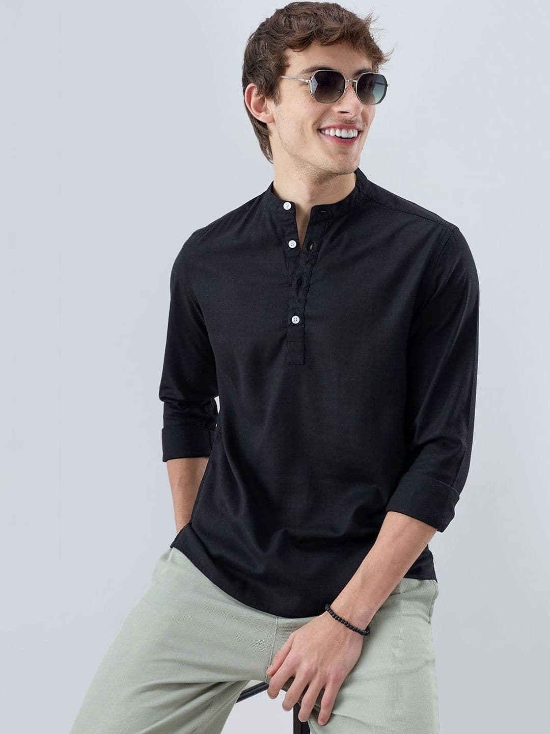 VASTRADO Premium Black Slub Textured Linen Blend Kurta - view 1