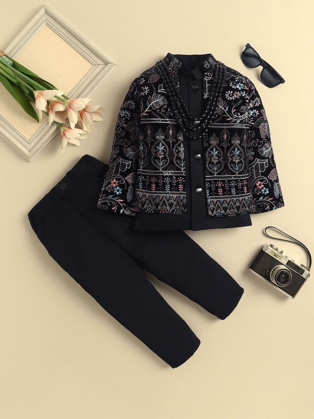 Sangria Boys Embroidered Mandarin Collar Sherwani & Trousers Set - view 1