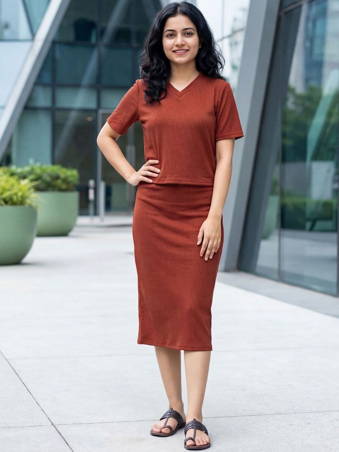 Selvia V-Neck Short Sleeves Top with Skirt - view 1