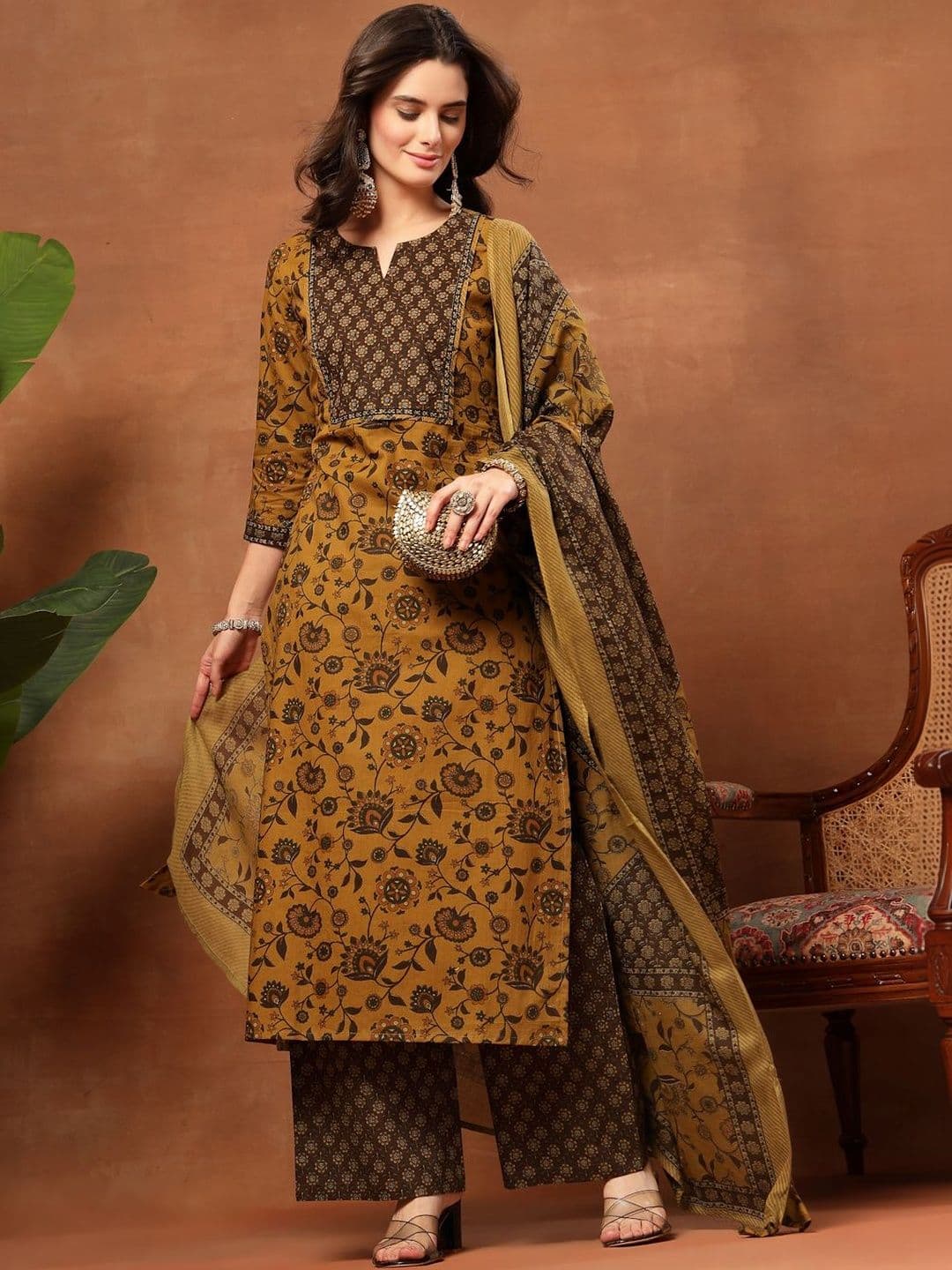 Sangria Printed Pure Cotton Round Neck Kurta & Palazzos With Dupatta - view 1