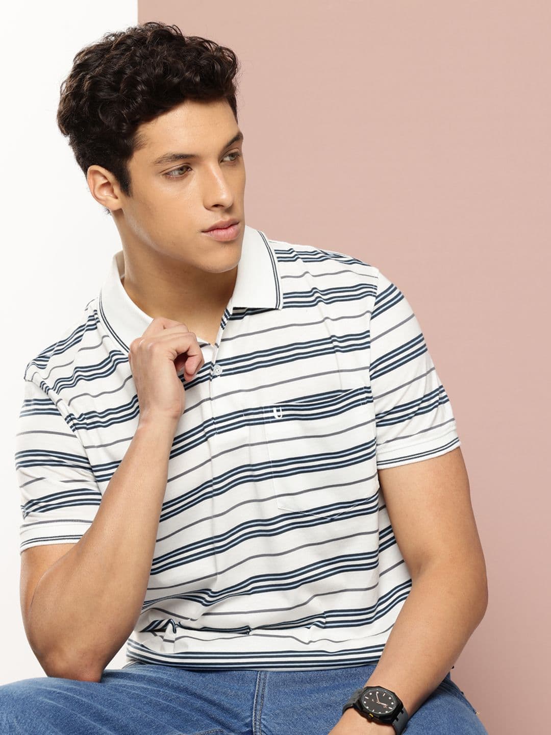 UNIBERRY Men Striped Polo Collar T-shirt - view 1