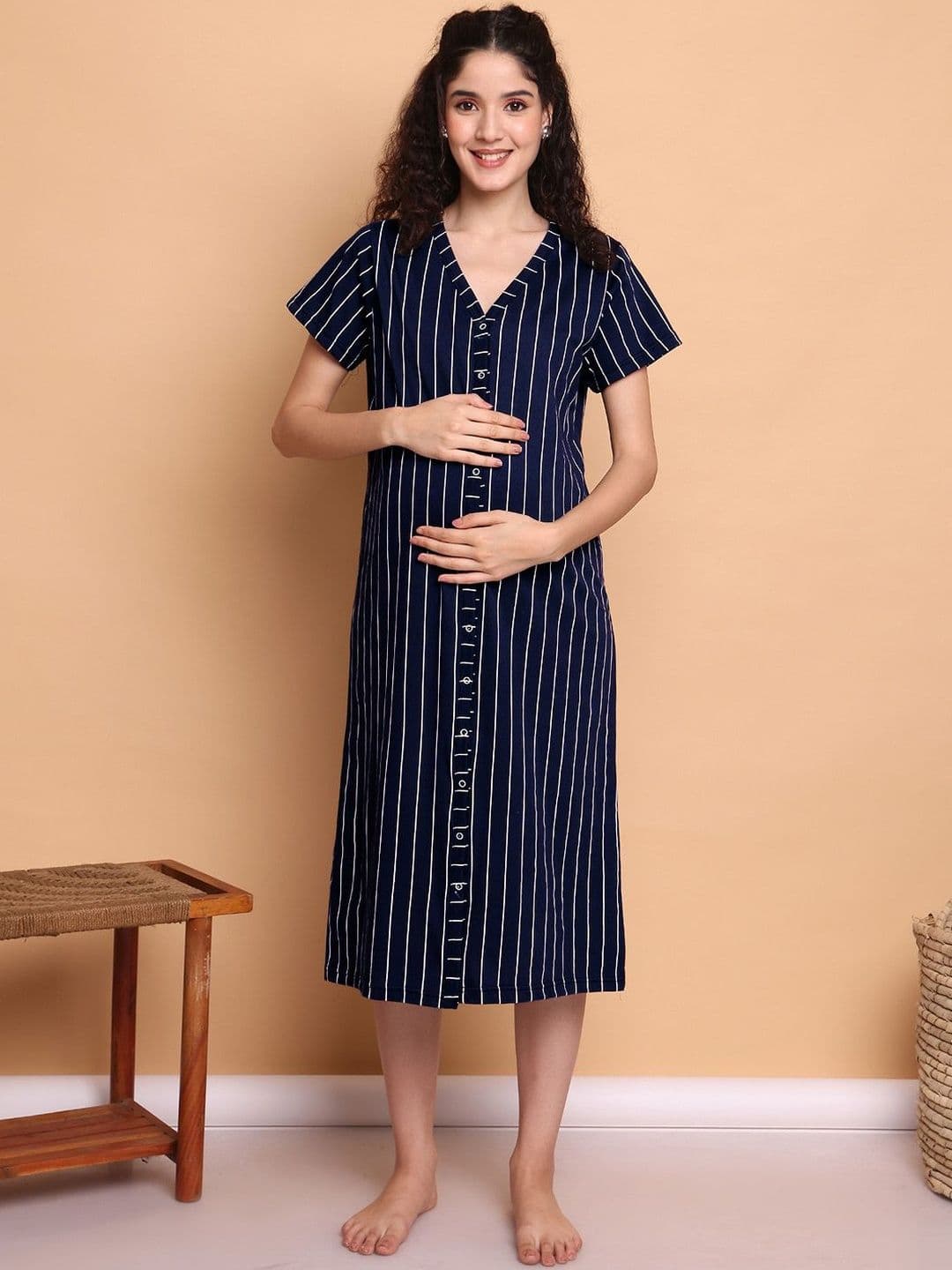 Secret Wish Women Hosiery Striped Zipless Maternity Nightdress - view 1