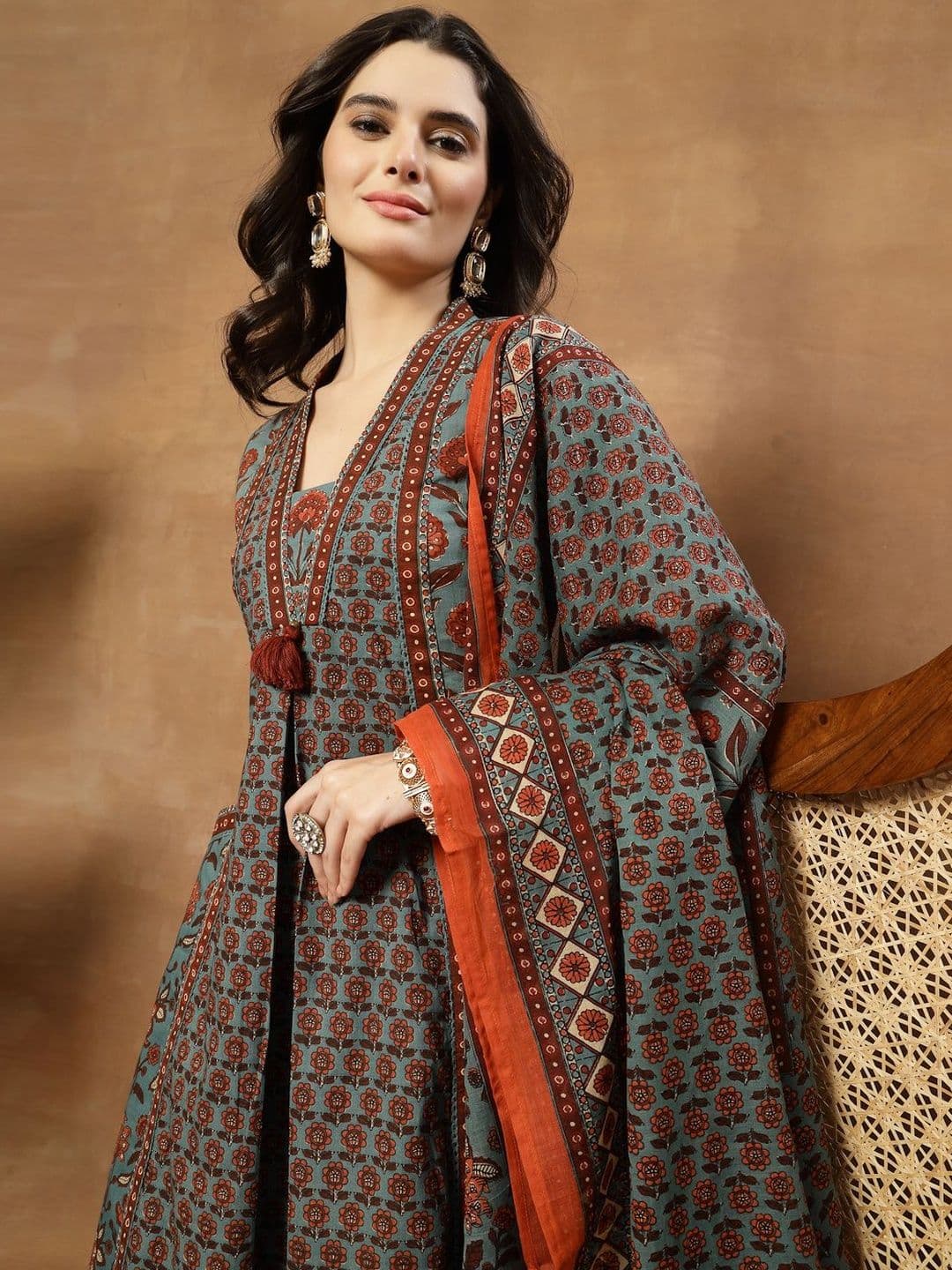 Sangria Printed Pure Cotton V-Neck Kurta & Palazzos With Dupatta - view 1