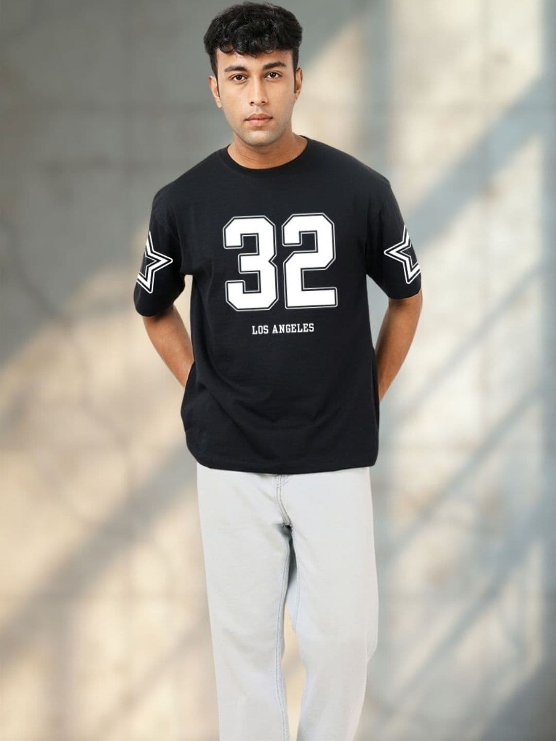 R.Code by The Roadster Life Co. 32 Los Angeless Black Printed Cotton Men Oversized Tshirts - view 1