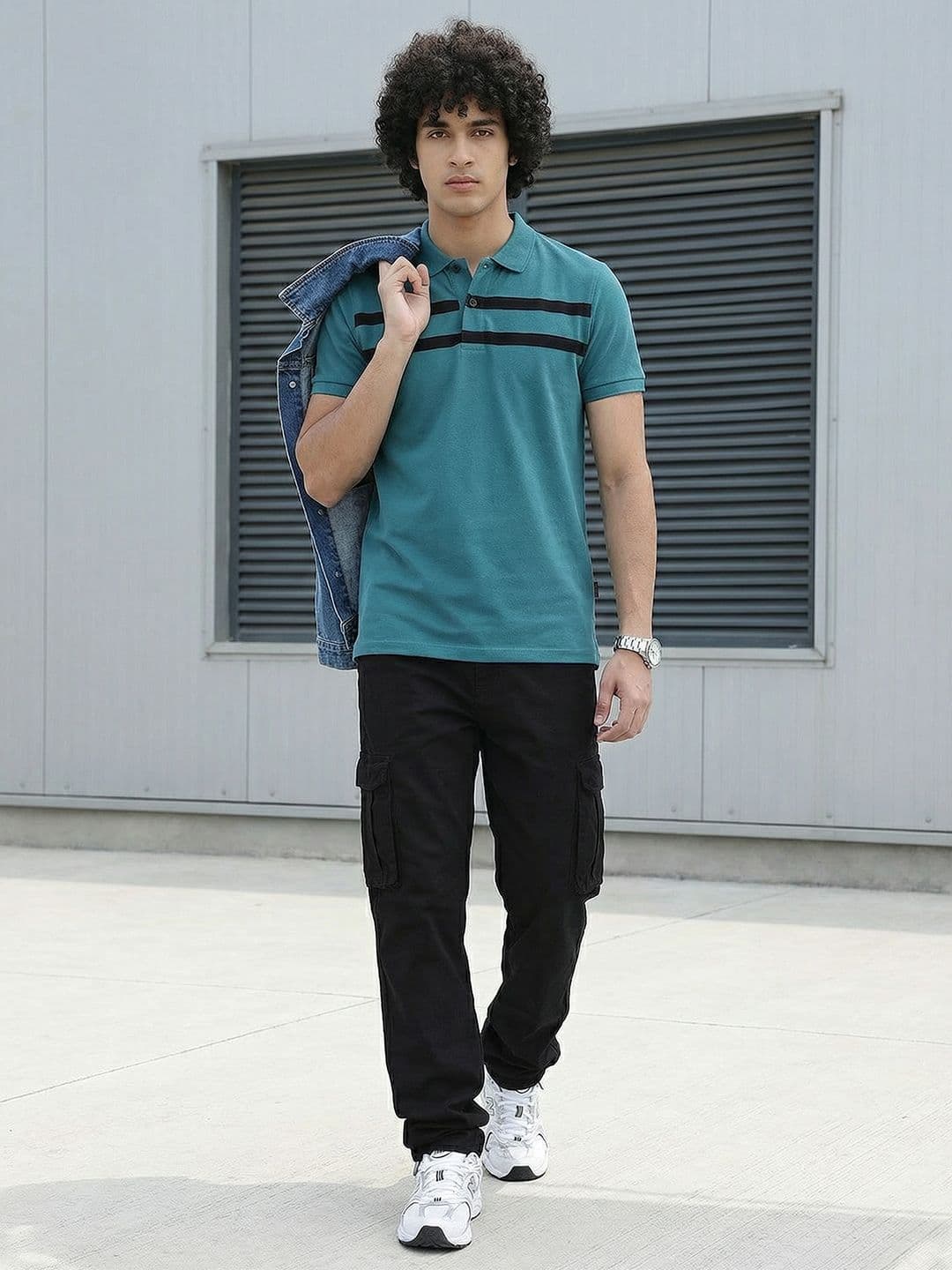 Roadster Men Teal Blue & Black Polo Collar T-Shirt With Printed Stripes - view 1