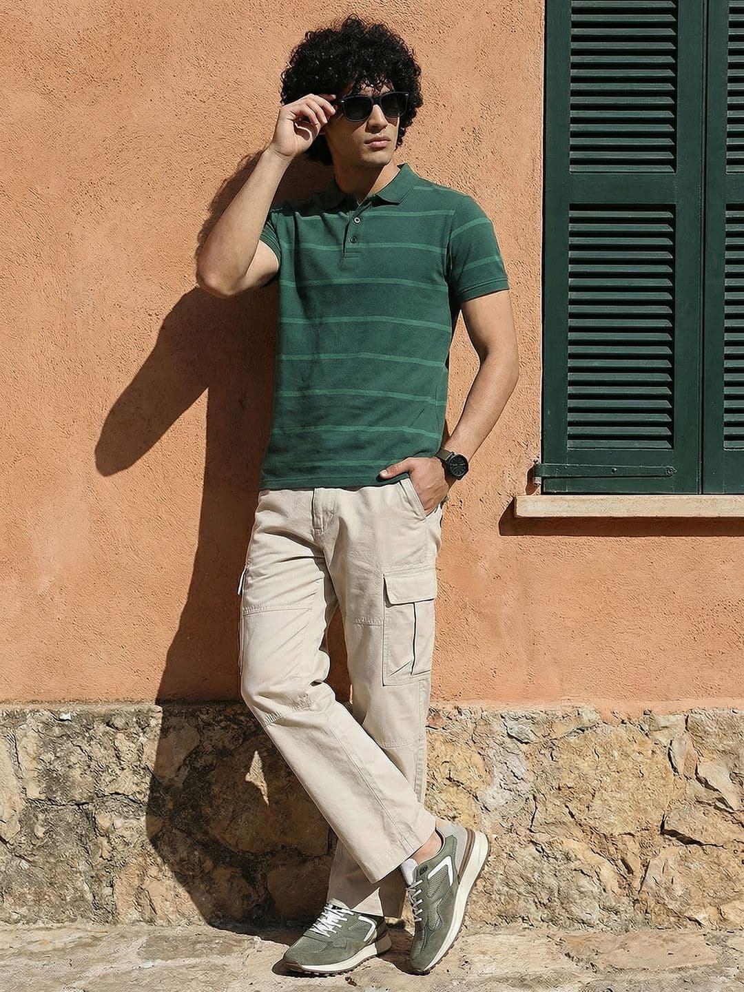 The Roadster Lifestyle Co Men Green Pure Cotton Striped Polo Collar T-shirt - view 1
