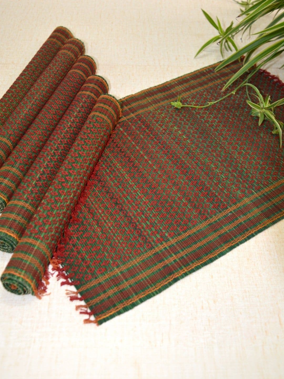 DHARINI 6 Pieces Green Striped Madurkathi Rectangle Table Placemats - view 1