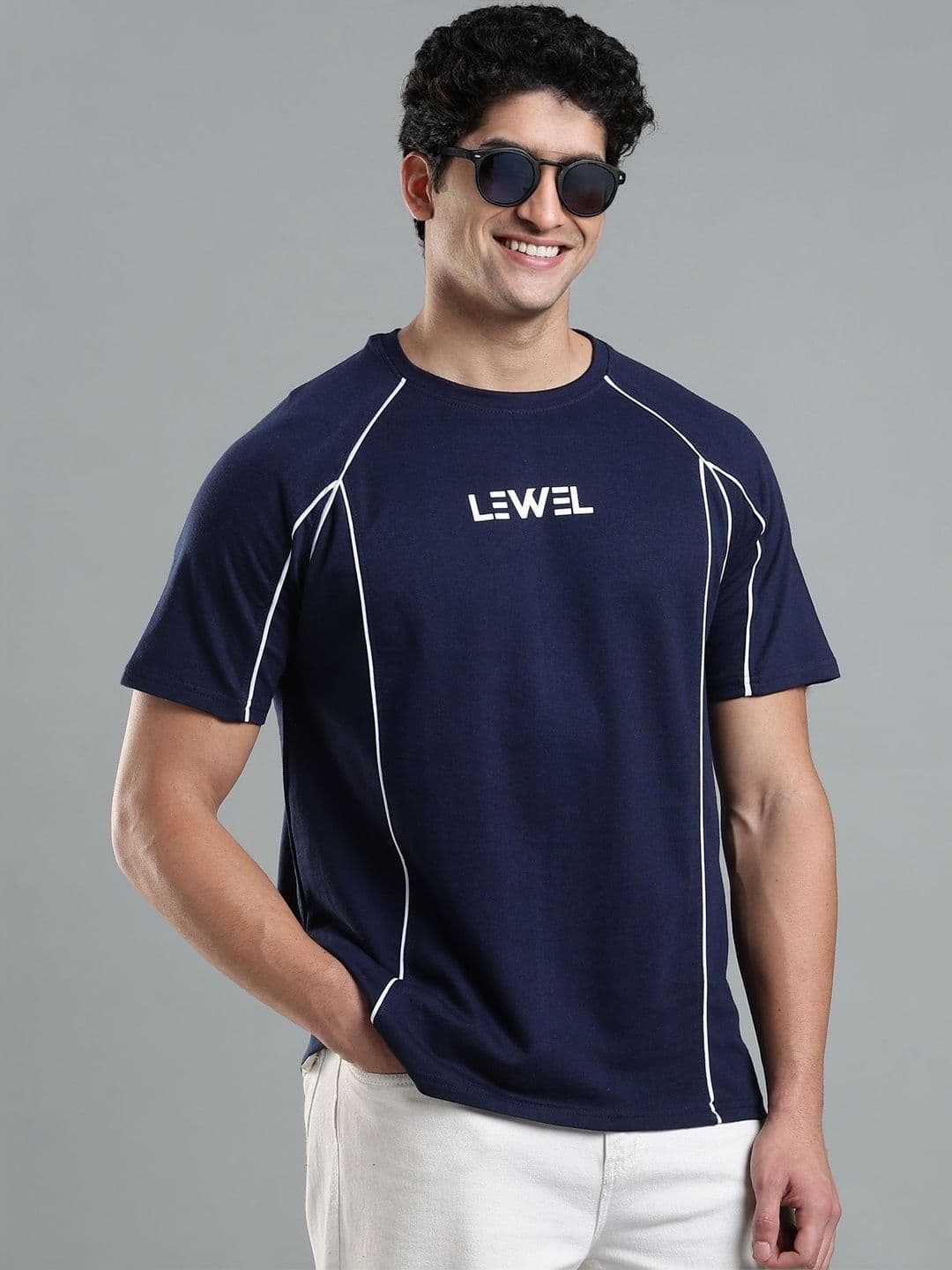 LEWEL Men Brand Logo Printed Round Neck Cotton T-shirt - view 1
