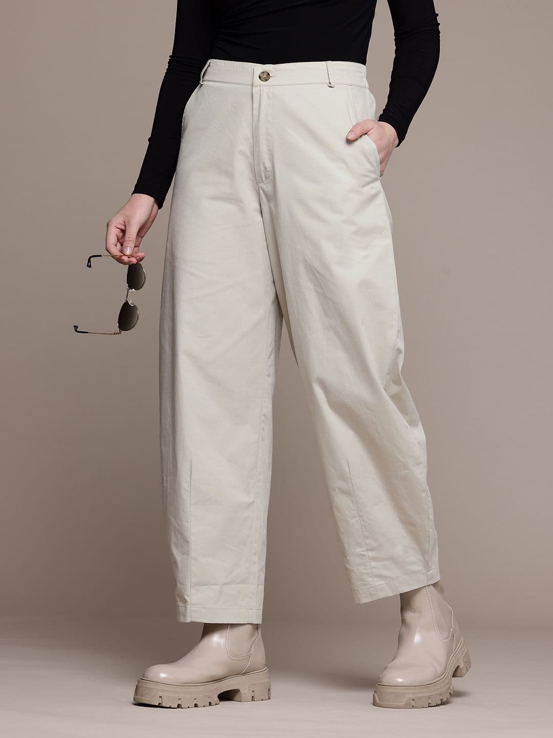 Popnetic Women Pure Cotton Barrel Fit High-Rise Chinos Trousers - view 1
