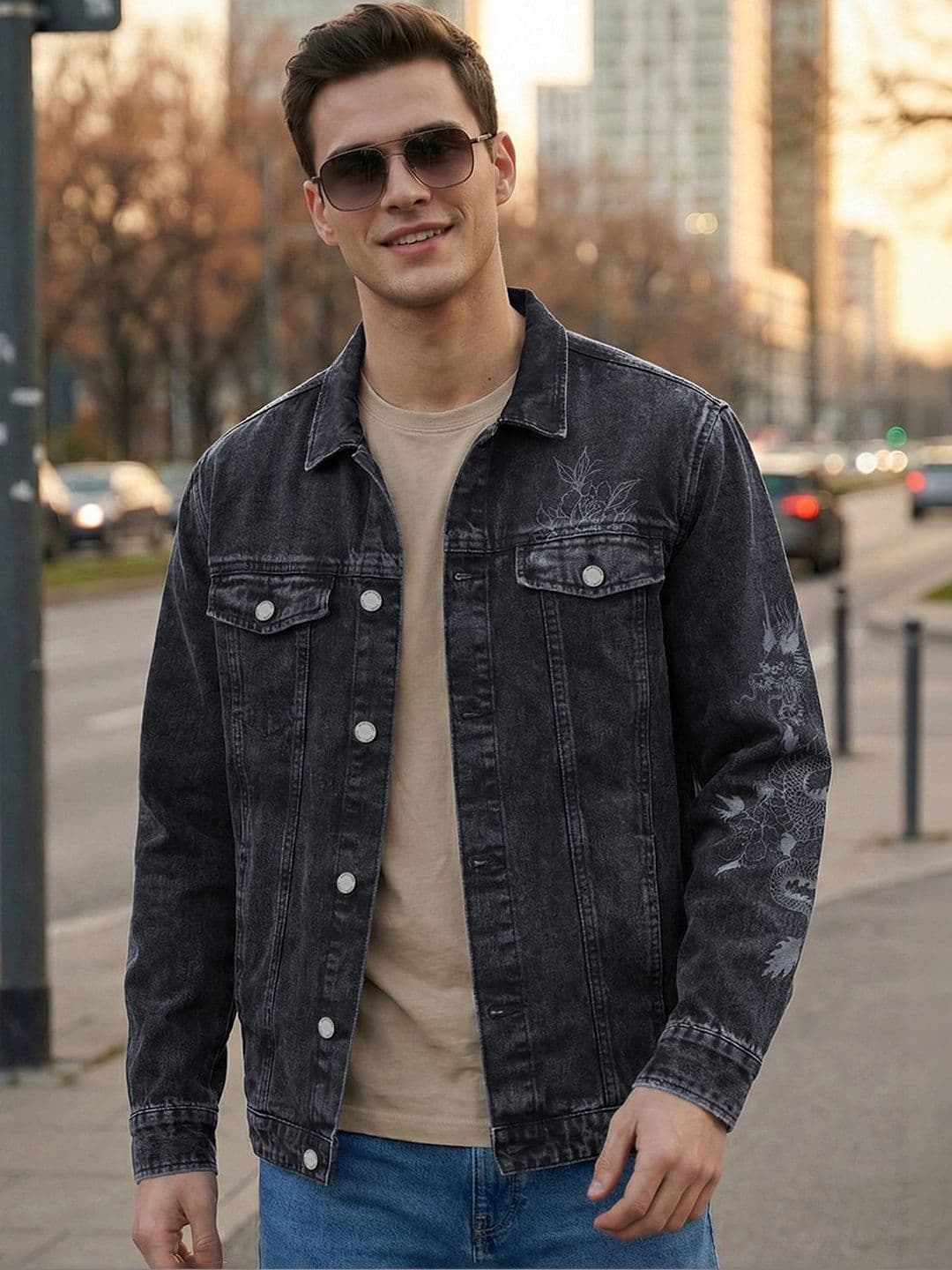 Bewakoof Men's Black Graphic Printed Oversized Acid Wash Denim Jacket - view 1
