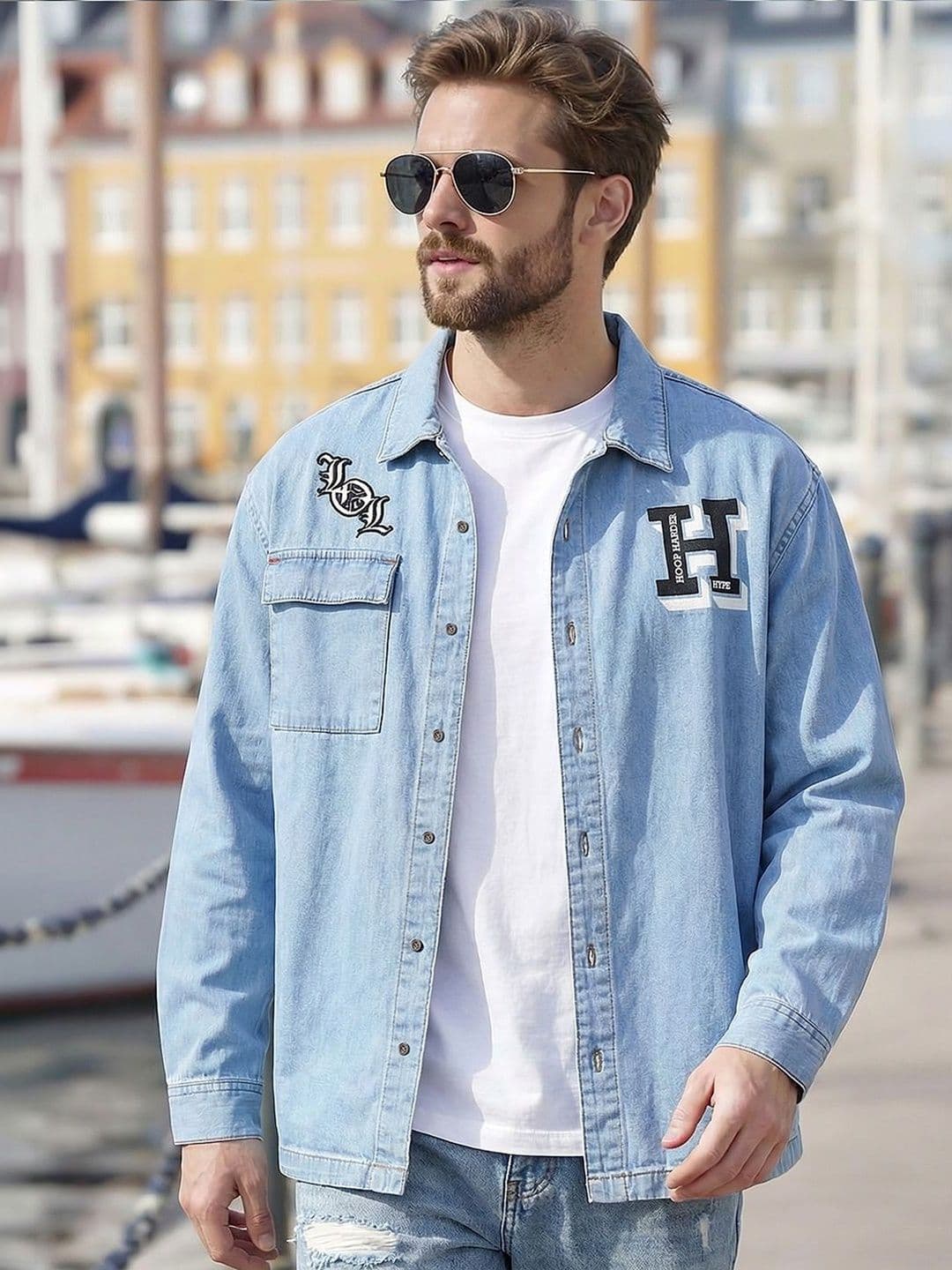 Bewakoof Men's Ice Blue Typography Oversized Denim Jacket - view 1
