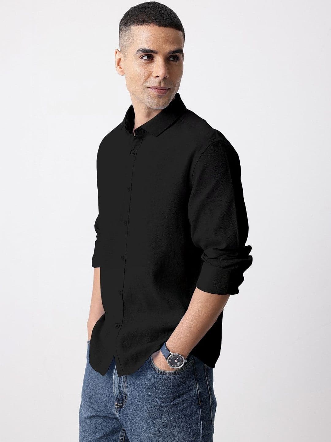 Roadster Linen Black Spread Collar Shirts - view 1