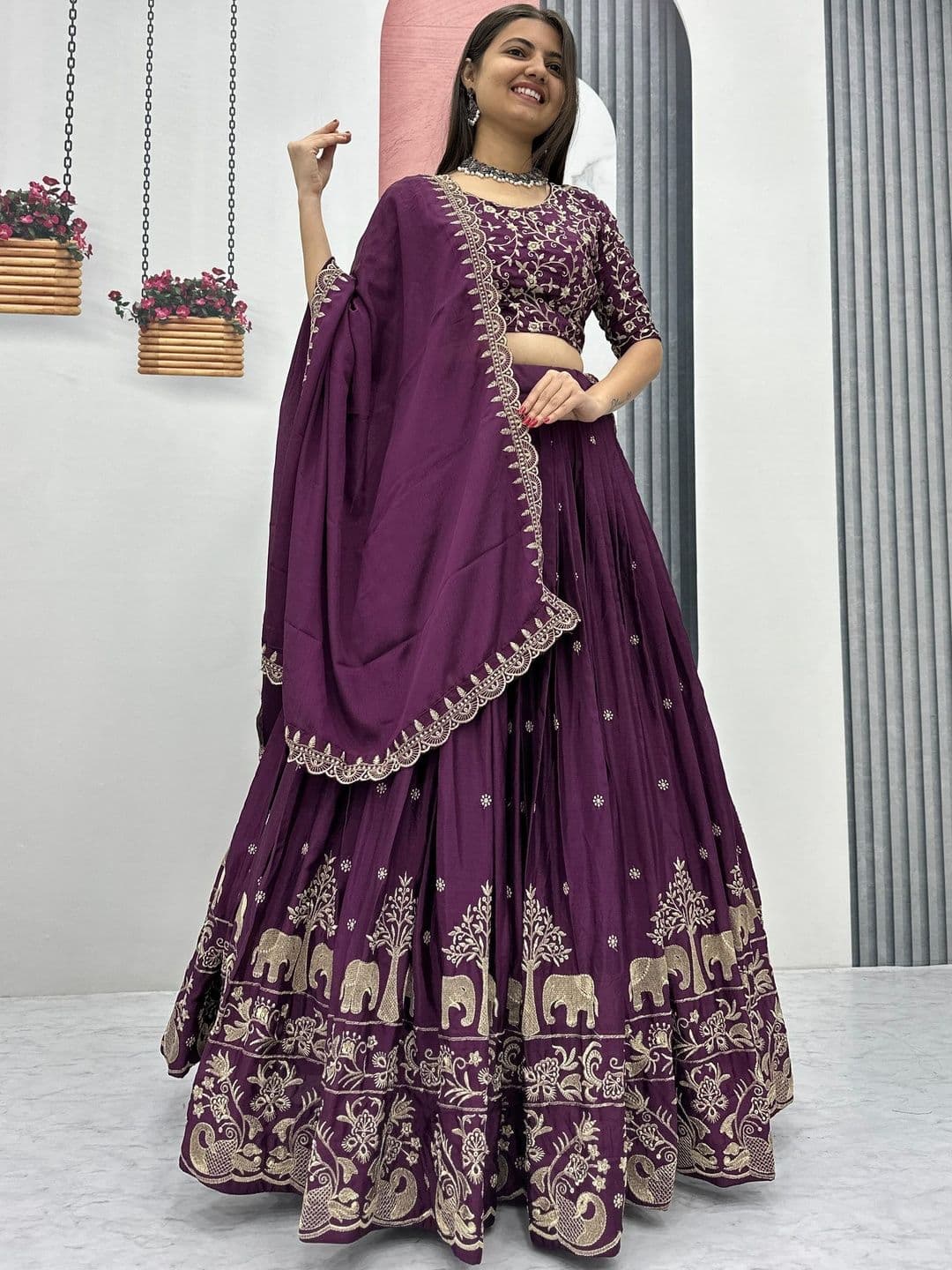 House of Pataudi Embroidered Round Neck Flared Lehenga Choli - view 1