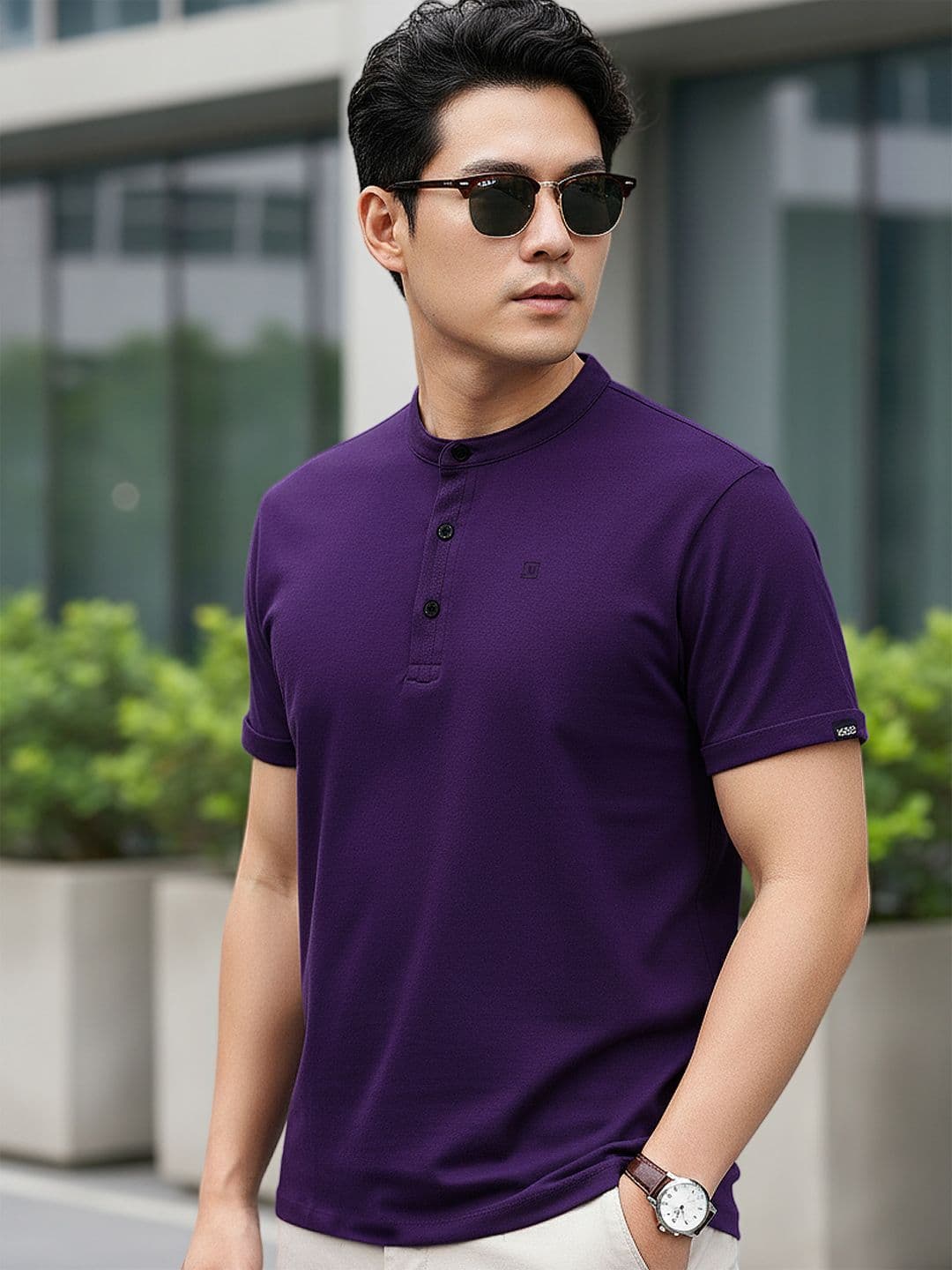Urbano Fashion Men Purple Solid Slim Fit Mandarin Collar Pure Cotton T-shirt - view 1