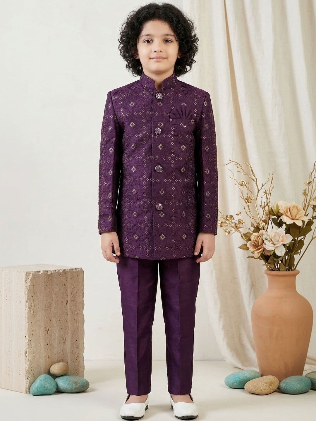 ahhaaaa Boys Embroidered Mandarin Collar Sherwani - view 1