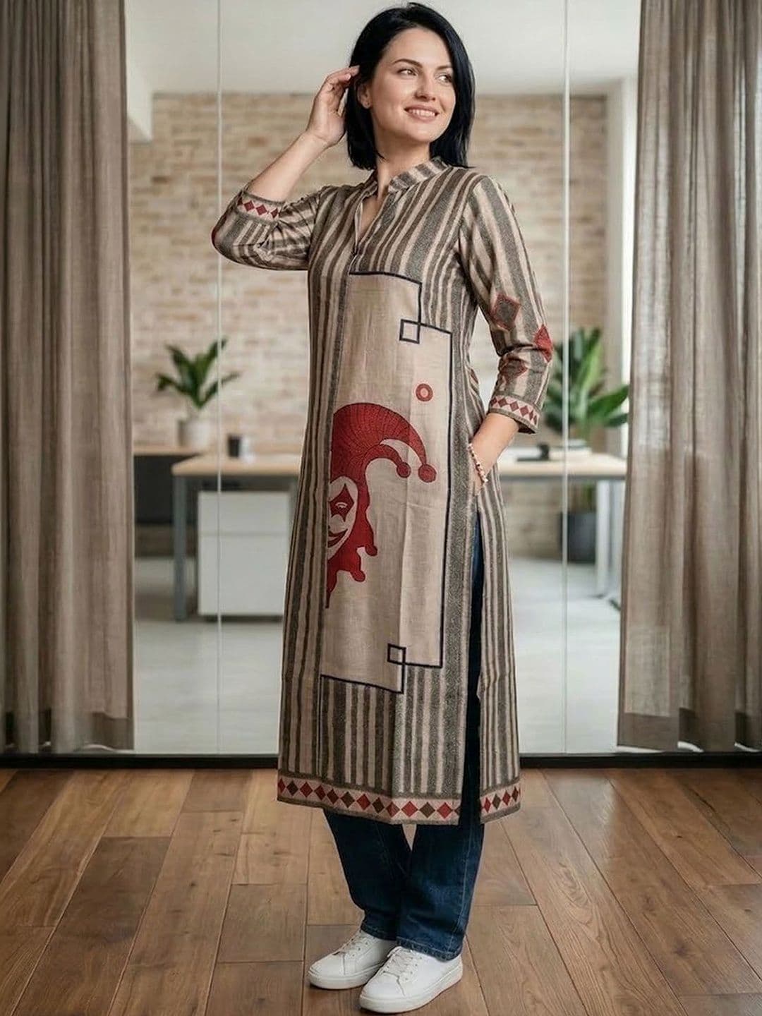 Varanga Women Quirky Printed Mandarin Collar Chanderi Silk Kurta - view 1
