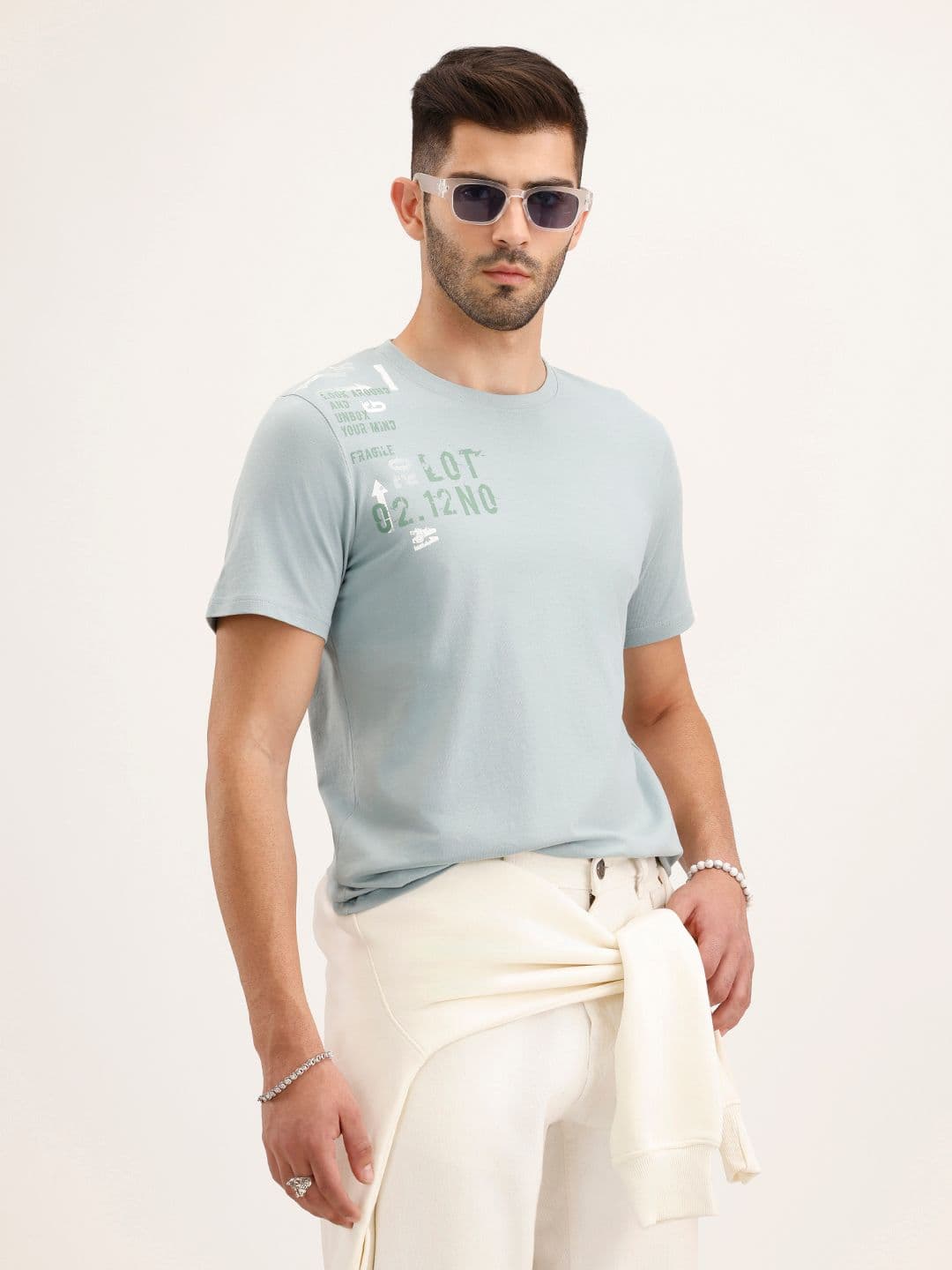 WROGN Men Grey Printed Slim Fit Round Neck Cotton T-shirt - view 1