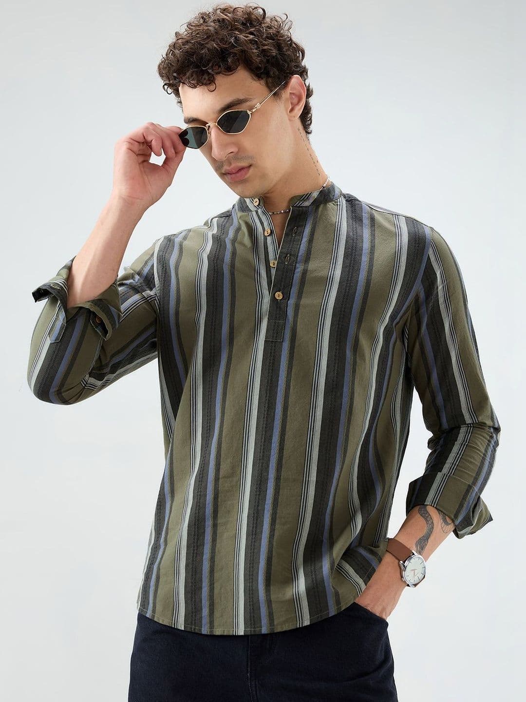 VASTRADO Refined Olive Multi Striped Kurta - view 1