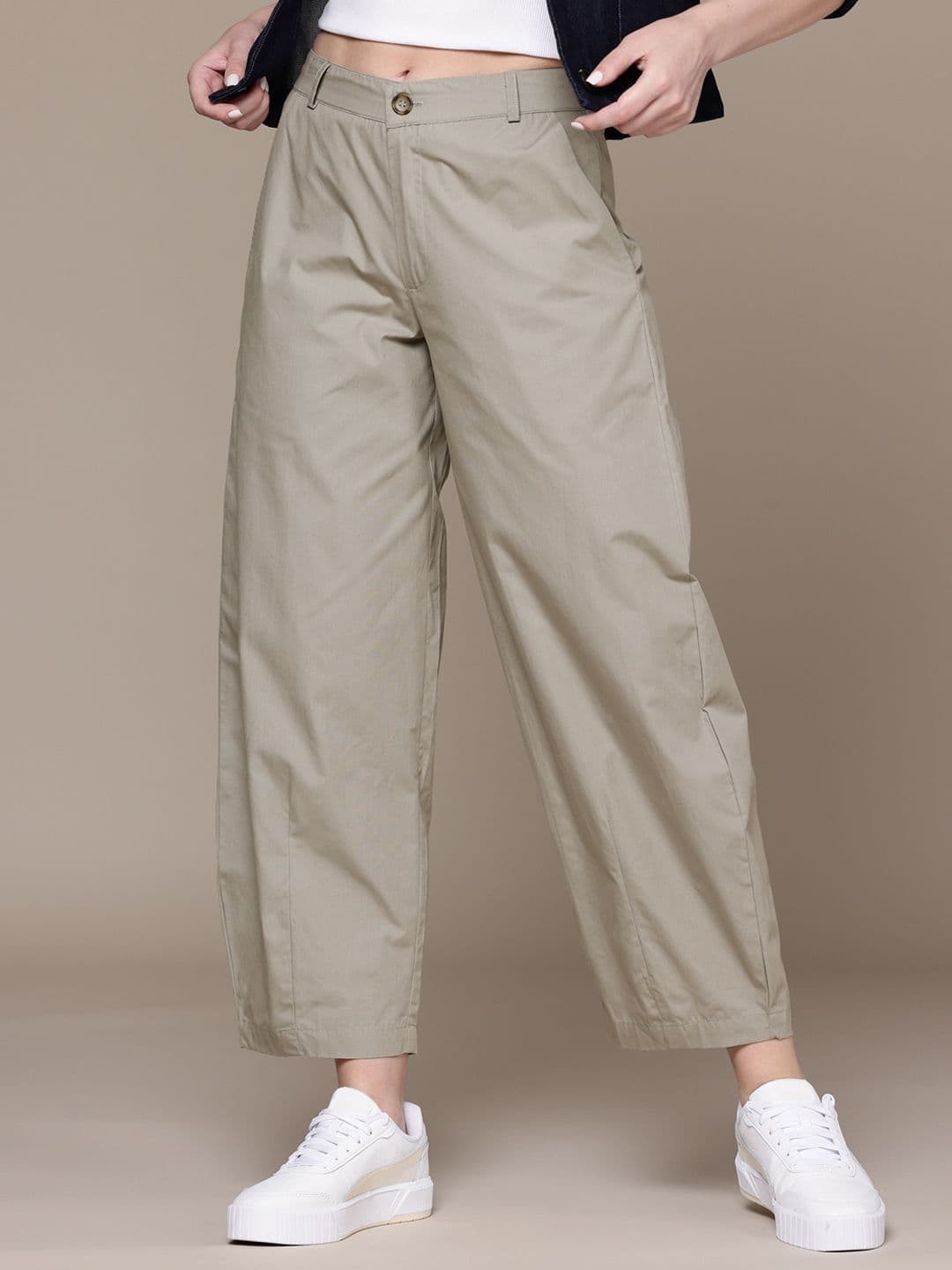 Popnetic Women Pure Cotton Barrel Fit High-Rise Chinos Trousers - view 1