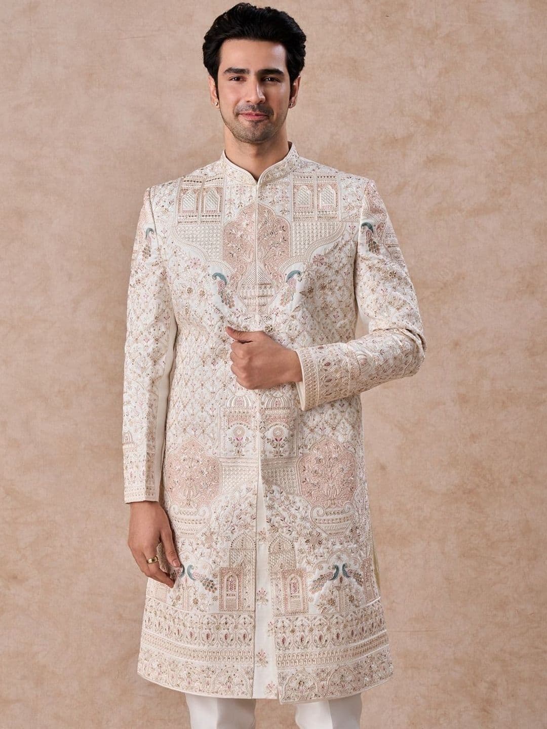 Manyavar Embroidered Mandarin Collar Sherwani - view 1