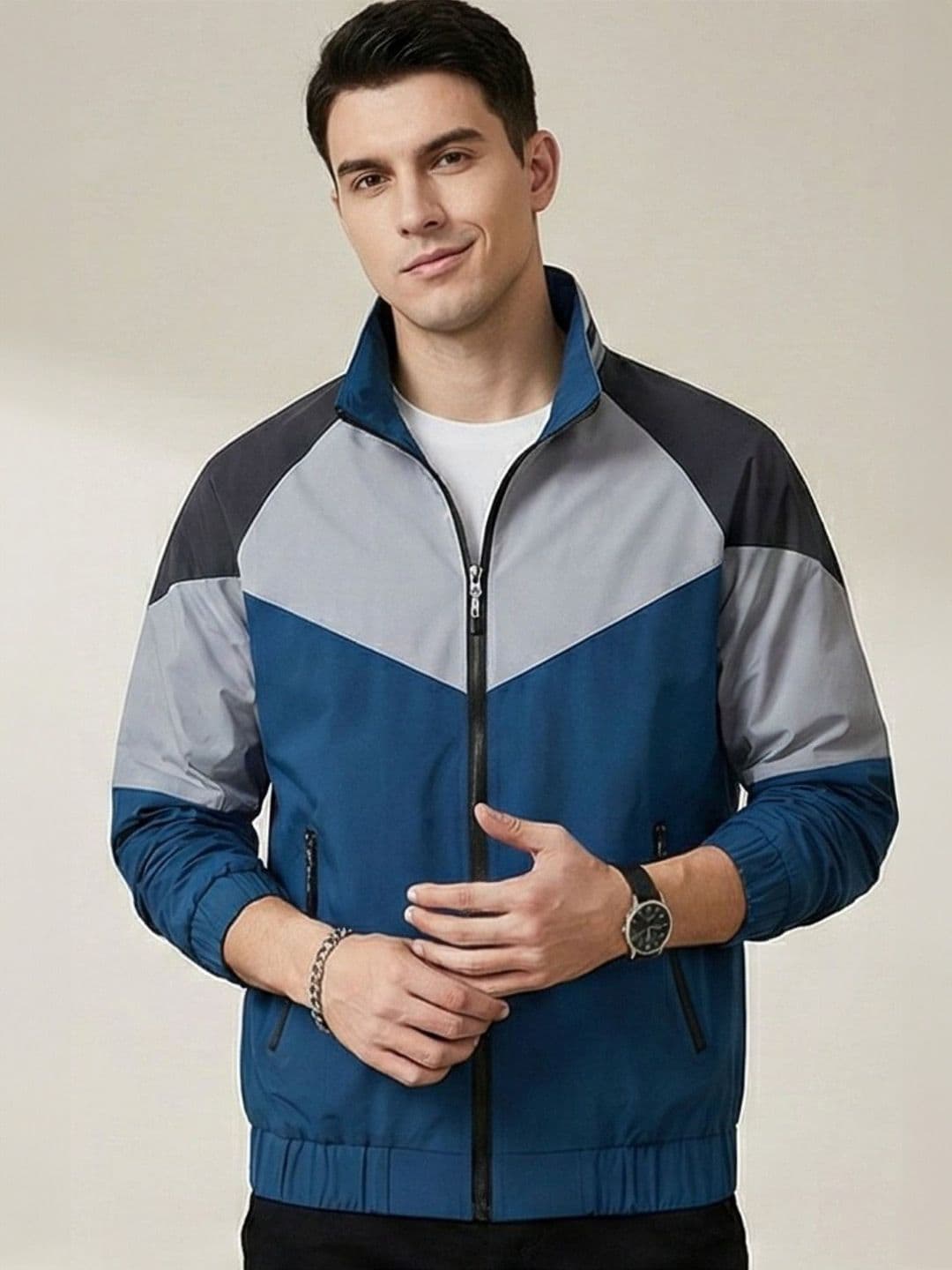 MIA FASHION Men Stand Collar Colourblocked Lightweight Sporty Jacket - view 1
