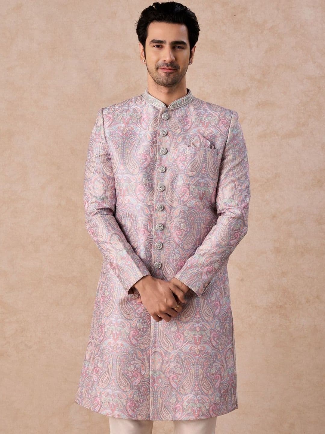 Manyavar Embroidered Mandarin Collar Sherwani - view 1