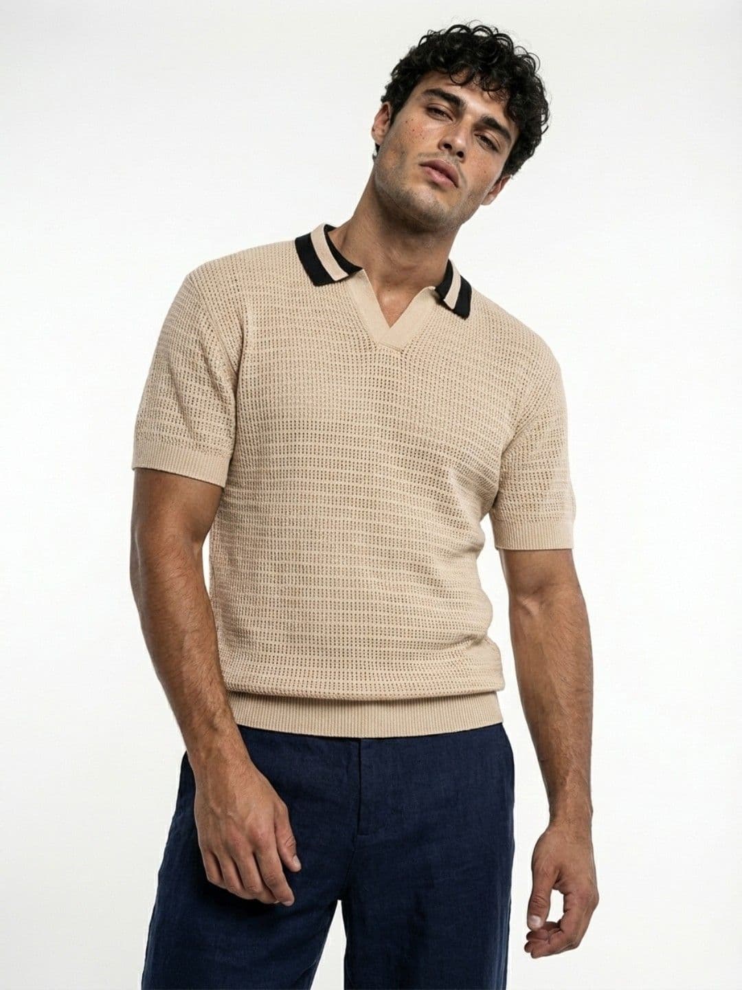 glitchez Polo Collar Knitted Pure Cotton Fine Knit Relaxed T-shirt - view 1