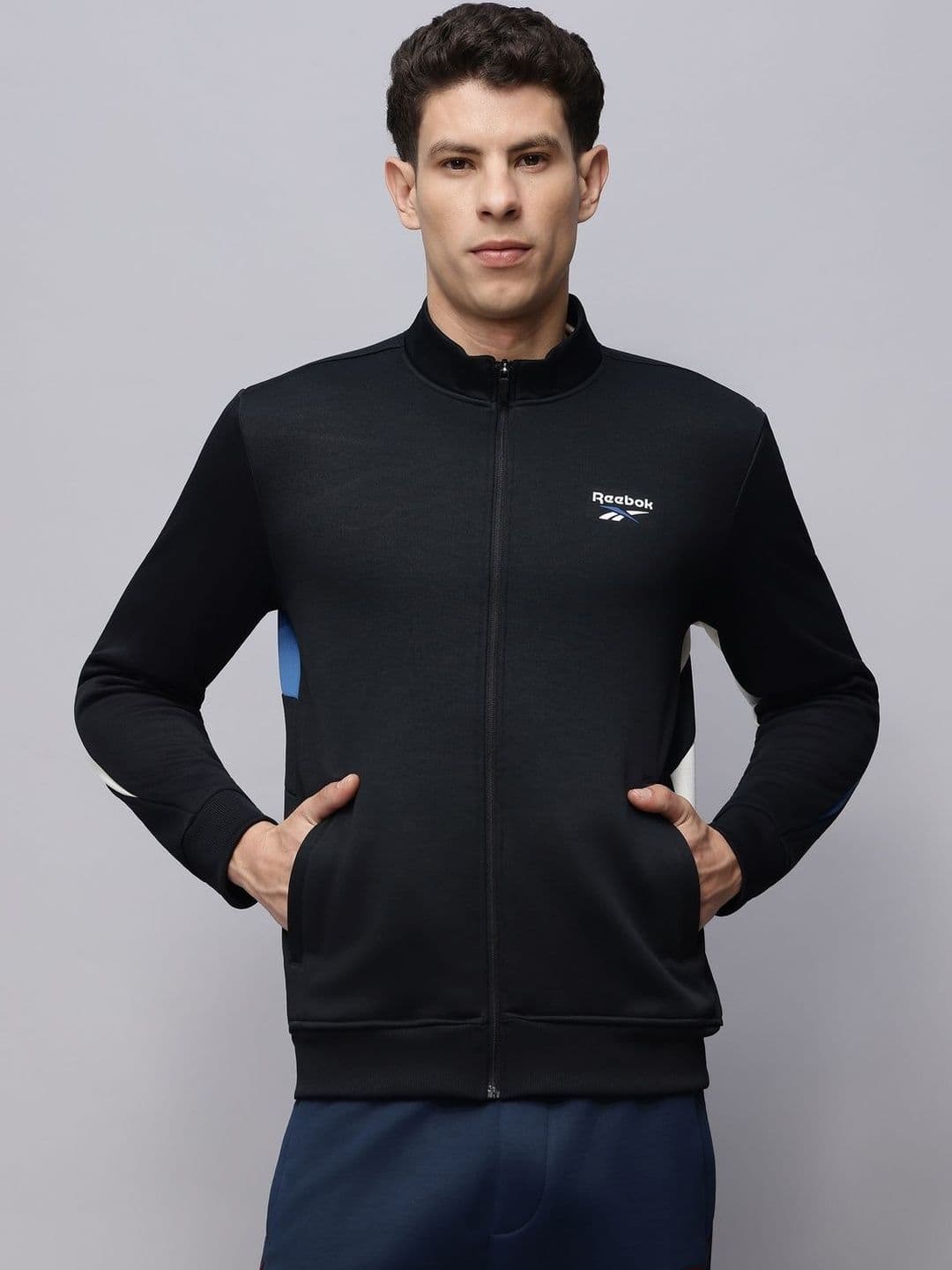 Reebok Colourblocked Cotton Mock Collar Open Front Jacket - view 1