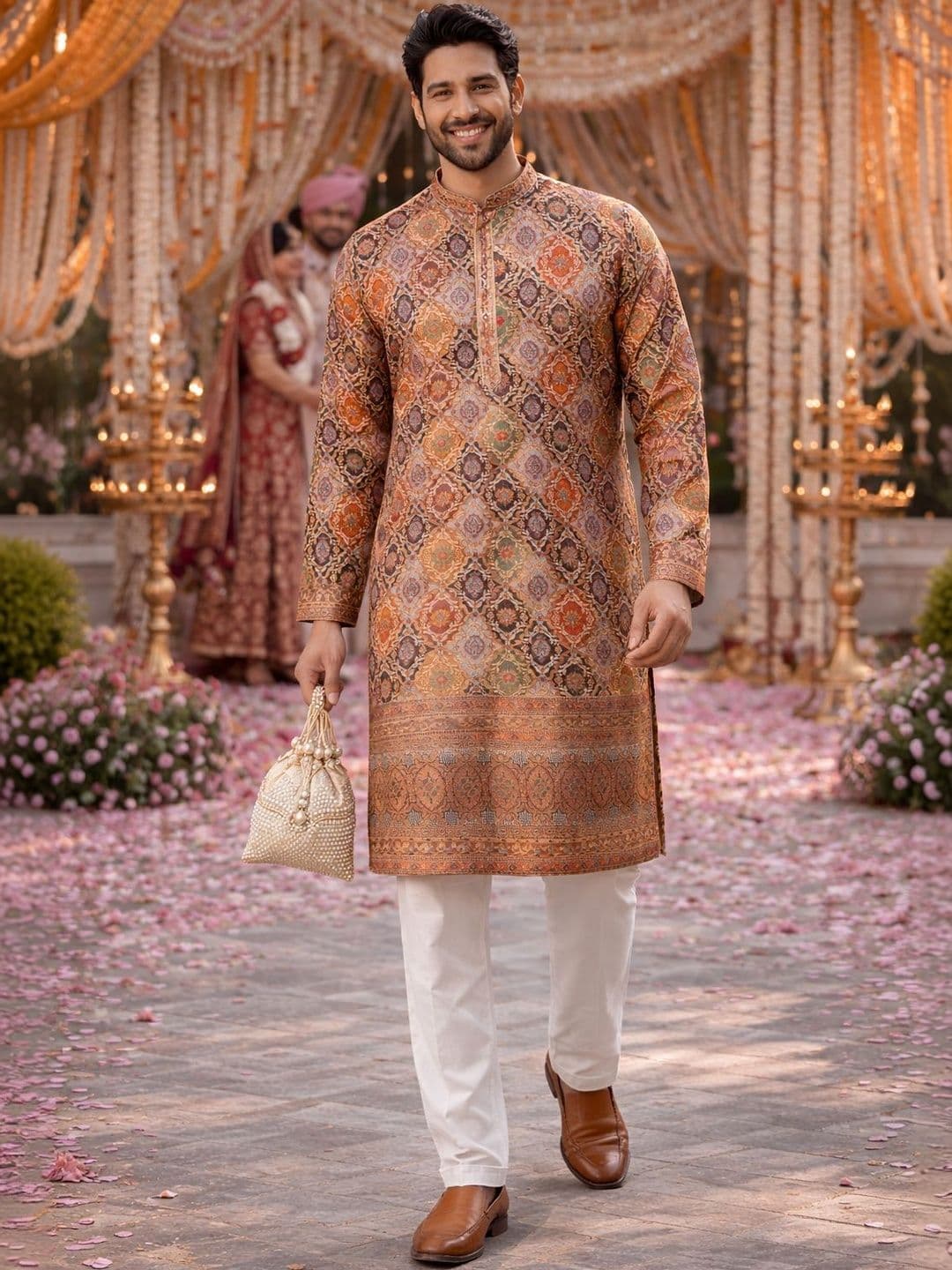 House of Pataudi Men Multicolor Brown Ethnic Printed Straight Kurtas - view 1