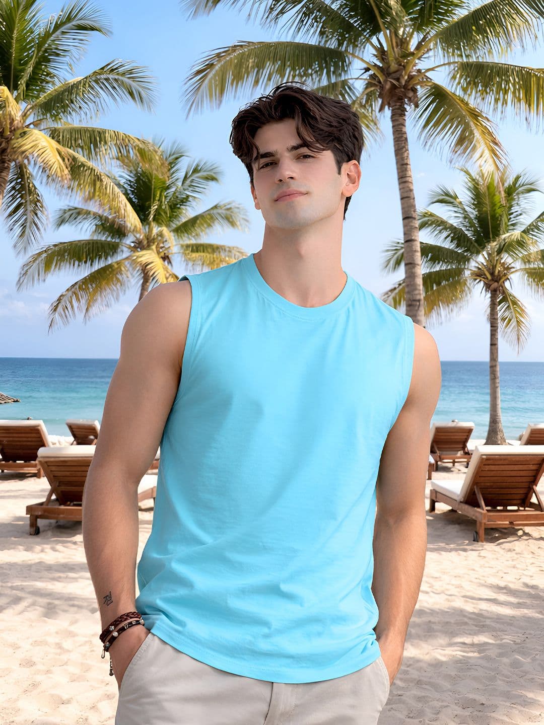 Friskers Mens Turquoise Blue Sleeveless Round Neck Tshirts - view 1