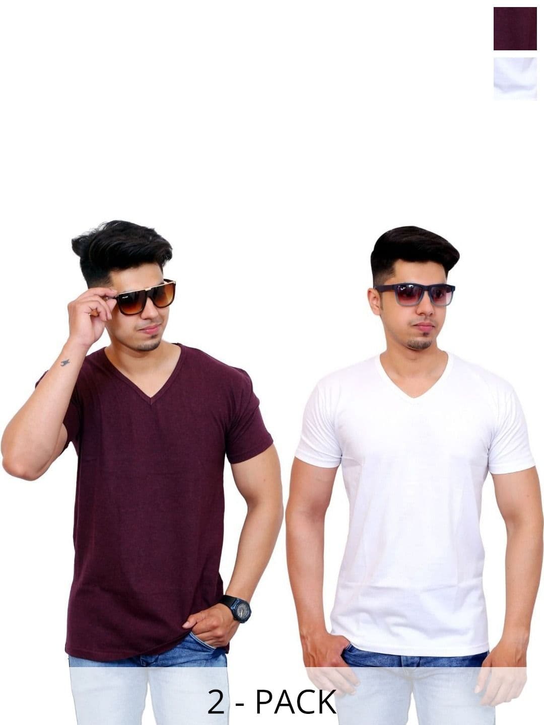 FARICON Pack Of 2 V-Neck Short Sleeves Cotton T-shirt - view 1