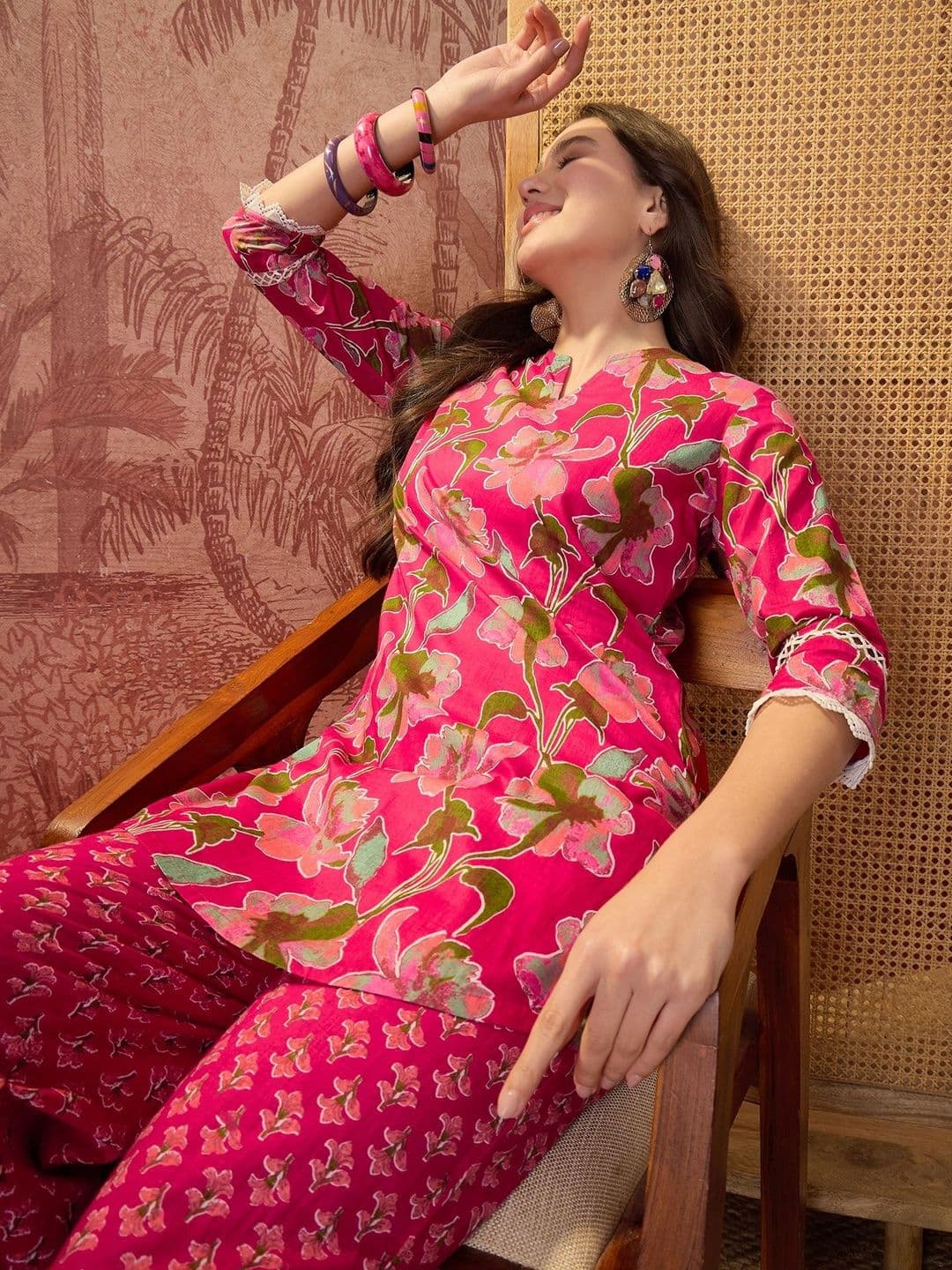 Sangria Floral Printed Cotton Top with Trousers - view 1