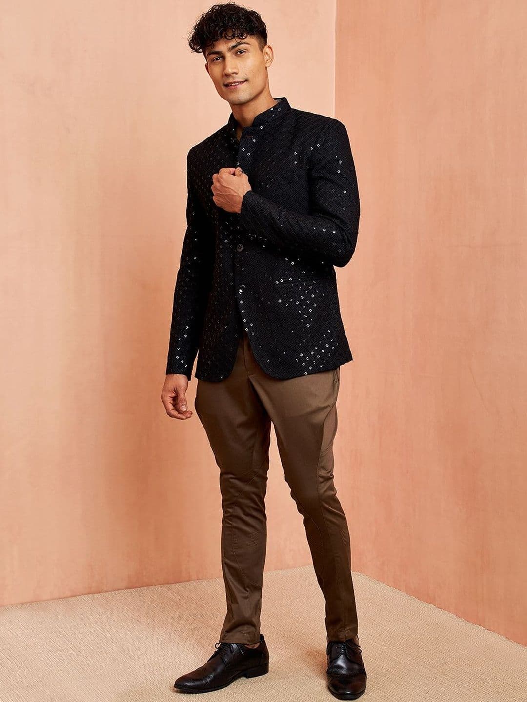 VASTRAMAY Embroidered Mandarin Collar Slim Fit 2 Piece Blazer & Trousers Suits - view 1