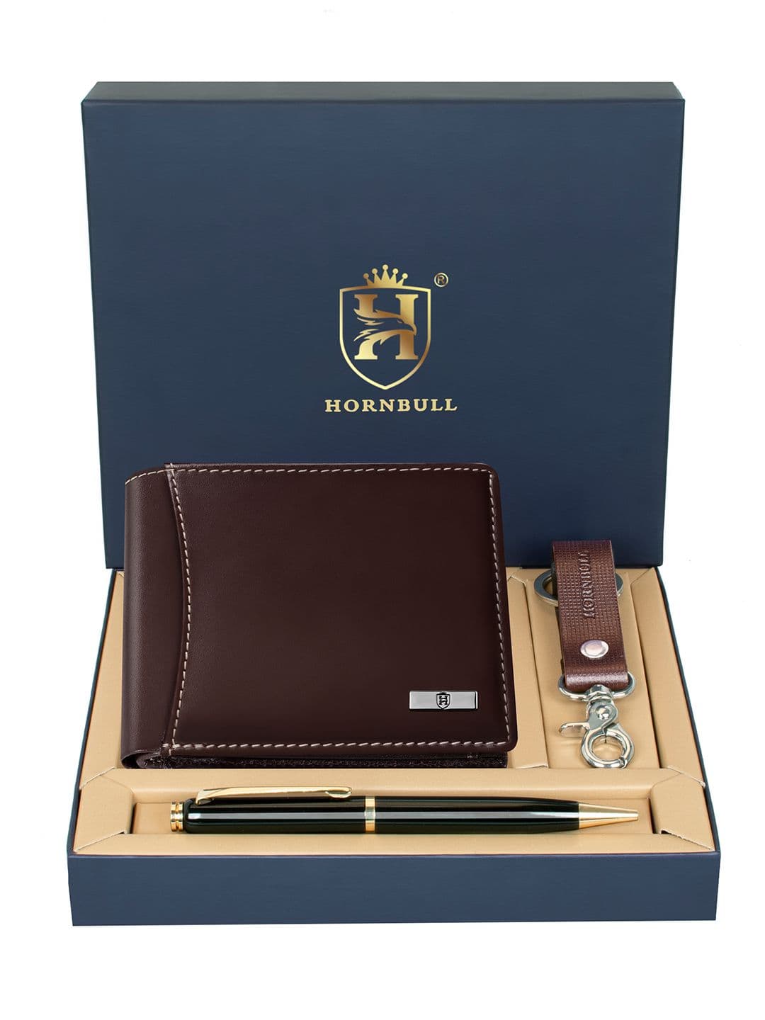 Hornbull Men Themes Brown Leather Wallet, Keyring & Pen Combo Accessory Gift Set - view 1