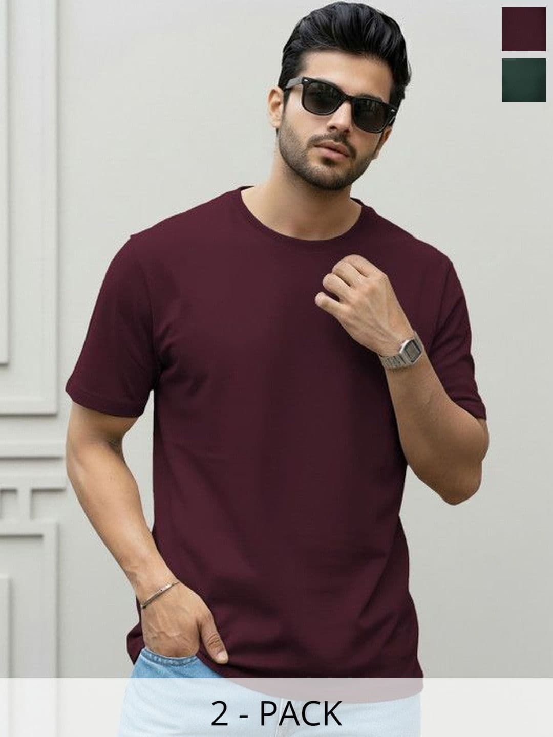 SZN Solid Men Round Neck Maroon Dark Green Tshirts - view 1