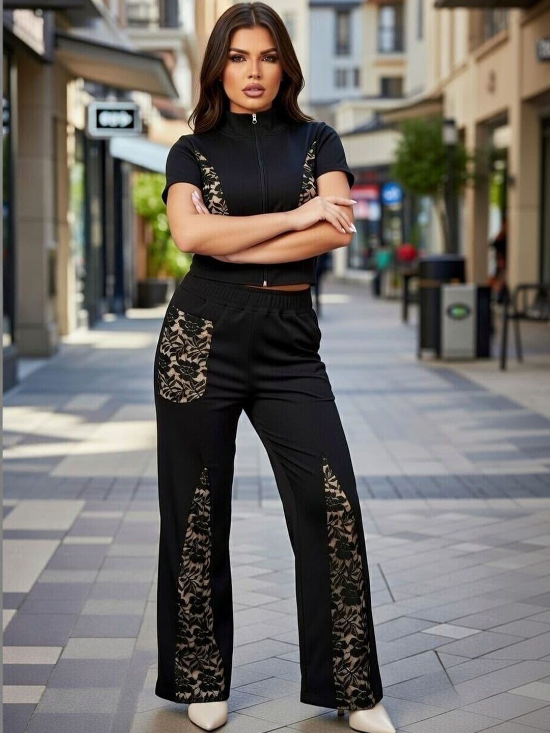 Zicada Short Sleeves High Neck Printed Top with Trousers - view 1