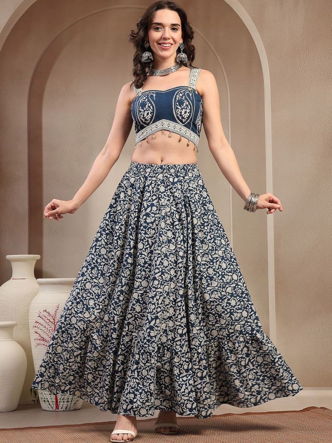Sangria Cotton Embellished Top with Skirt - view 1