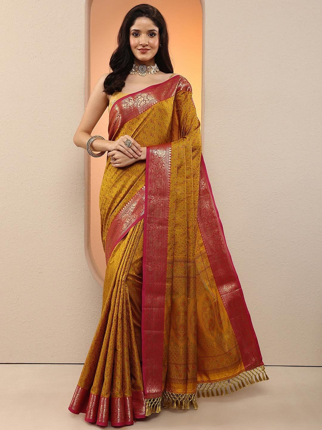 Libas Mustard Woven Design Saree With Unstitched Blouse Piece - view 1