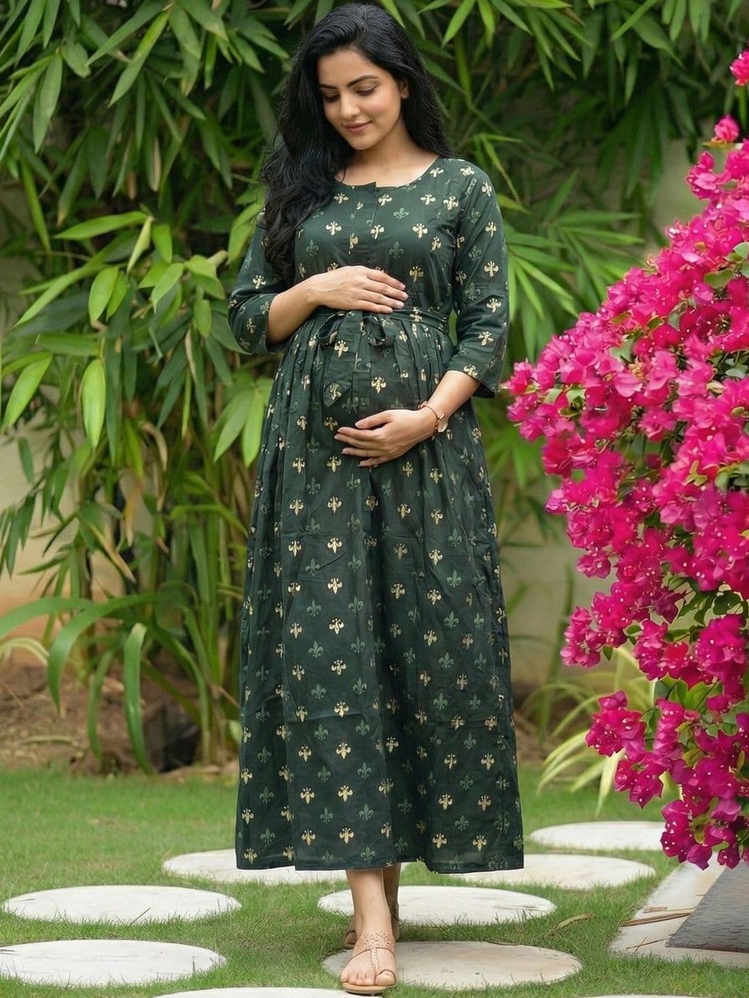 Asenne Floral Printed Soft Rayon Maternity Maxi Dress with Both Side Feeding Zip - view 1
