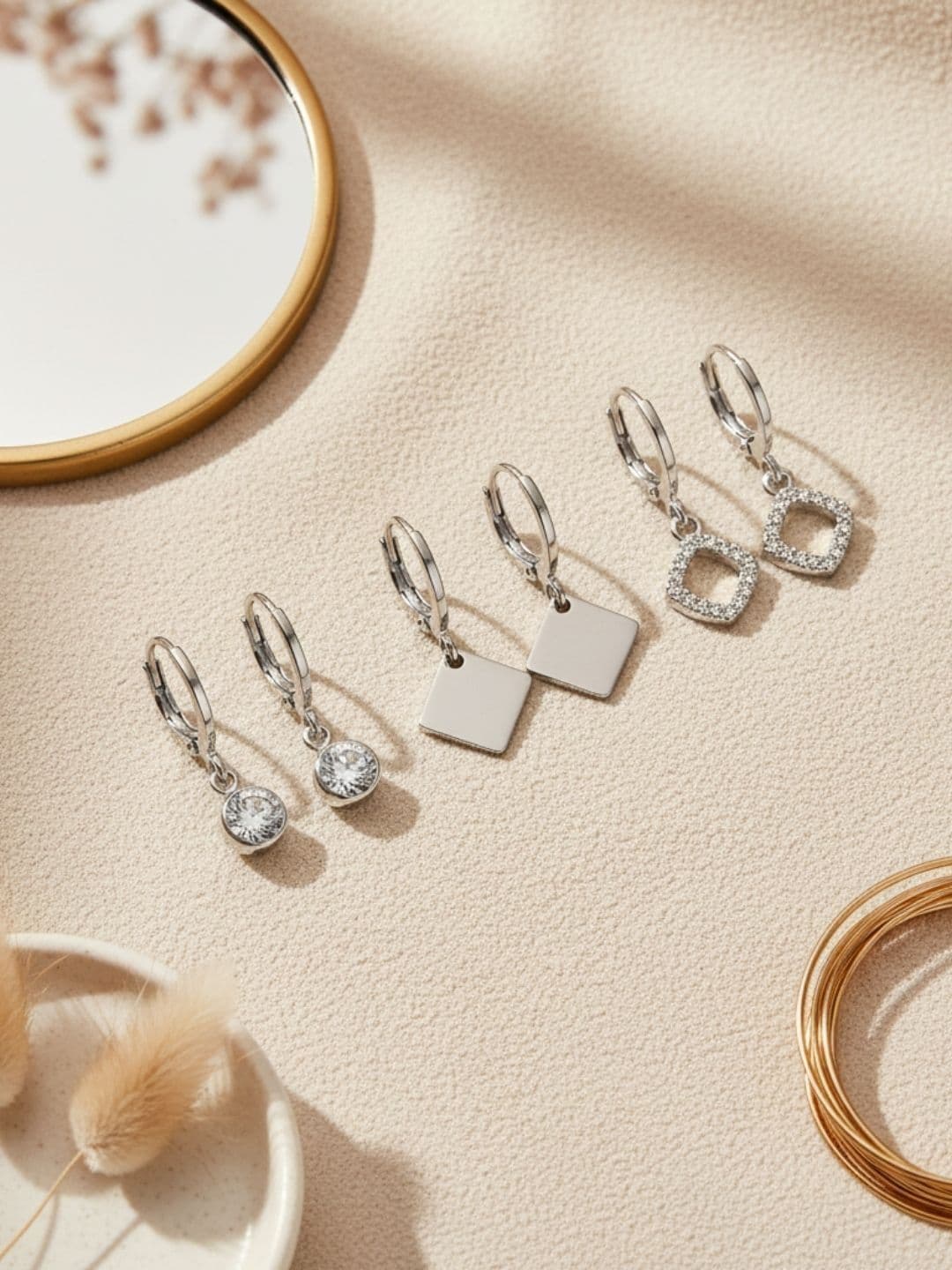 Jwella Set Of 3 Silver-Plated American Diamond Studded Diamond Shaped Drop Earrings - view 1