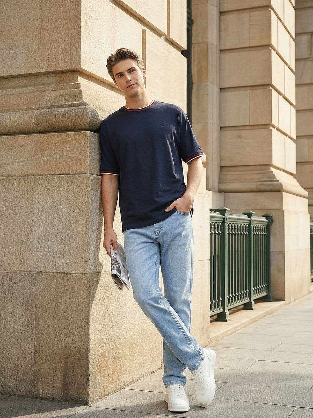 Nautica Drop-Shoulder Sleeves Pure Cotton Relaxed Fit T-shirt with Contrasting Edges - view 1
