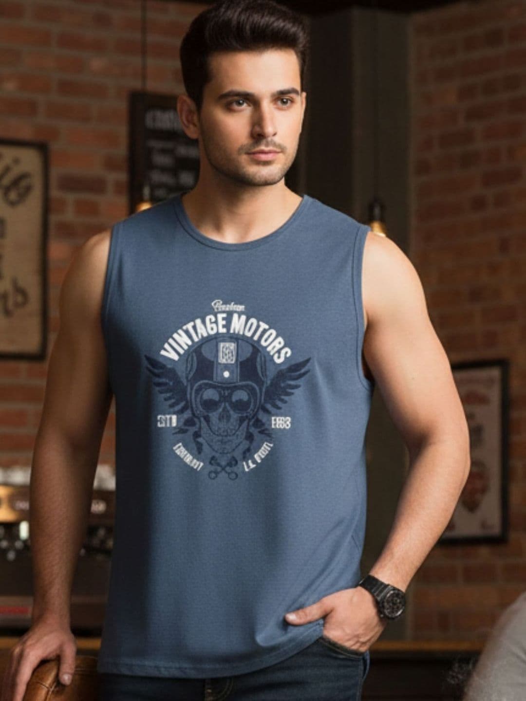 HERE&NOW Regular Fit Men Blue Sports Graphic Printed Cotton Sleeveless Drymove Tshirts - view 1