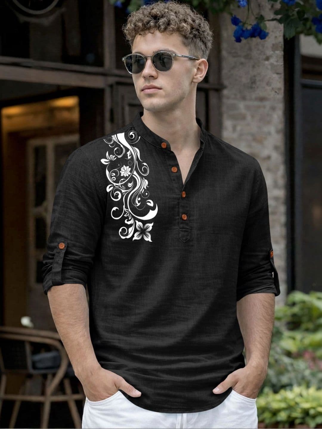 Fifth U Men Cotton Mandarin Collar Printed Kurta - view 1