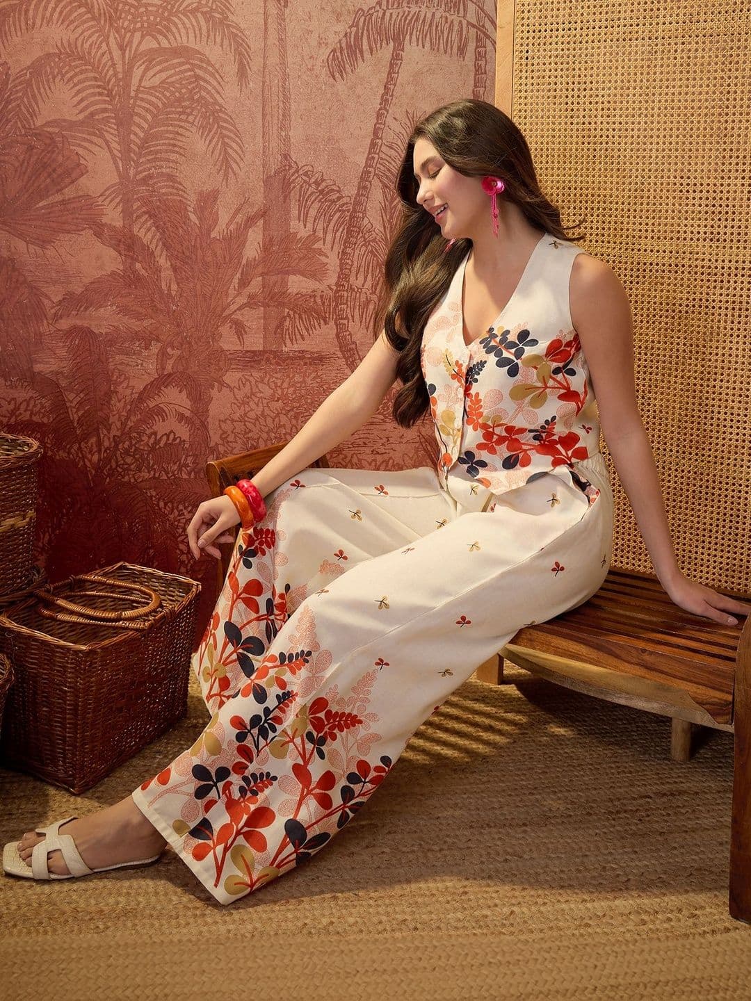 Sangria Floral Printed Vest Top with Palazzos - view 1