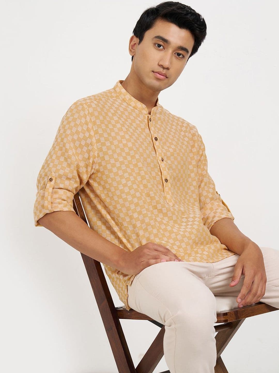 indus route by Pantaloons Men Geometric Woven Design Shirt Collar Cotton Kurta - view 1