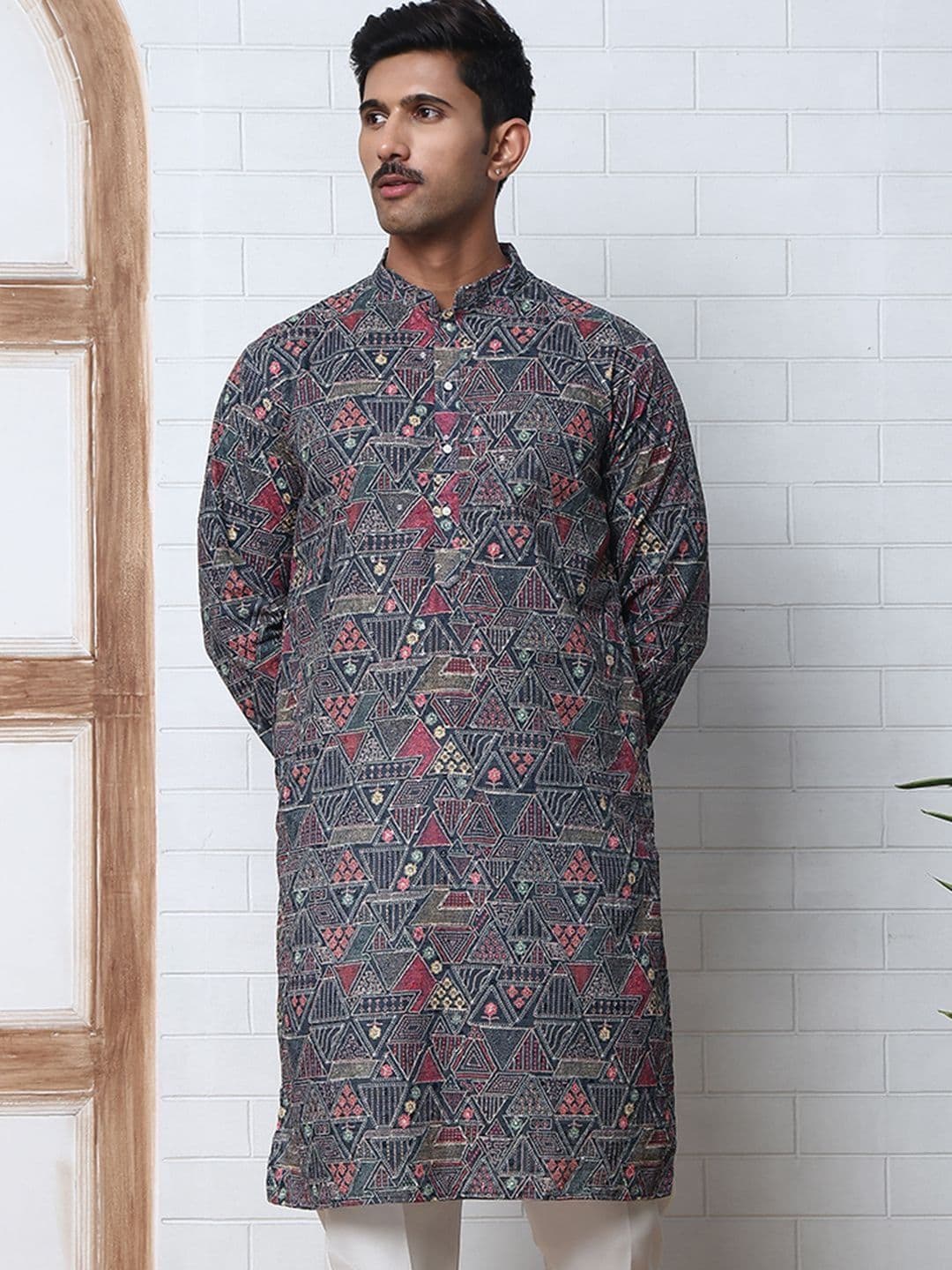 Jompers Men Geometric Embroidered Mandarin Collar Thread Work Straight Kurta - view 1